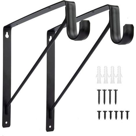 Set of 2 heavy-duty wall-mounted closet rod brackets, black clothes rail bracket