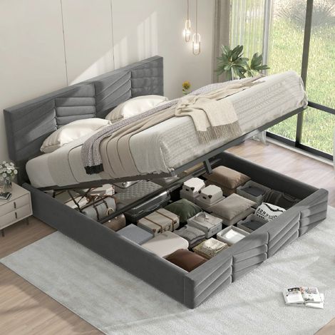 Lit coffre rembourré 140x190 cm en velours gris, tête réglable et sommier inclus (1/5)