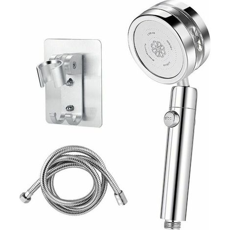 Pommeau de Douche Turbocompressé Argent avec Tuyau 1.5 m et Support de Douche sur Mur, Un Bouton de Interrupteur, Pommeau de Douche Amovible et Facile à Nettoyer (1/5)