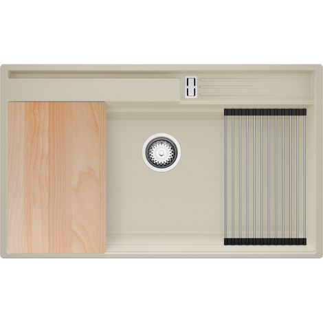 PRIMAGRAN Evier Cuisine en Granit 88x53cm,Lavabo 1 bac + Kit de Vidage + Accessoires, Évier à Encastrer au meuble 90cm - Oslo Pocket, Beige (1/5)