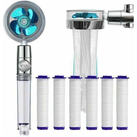 Douchette économique avec filtre anti-calcaire - Pommeau de douche à rotation de 360° - 6 éléments filtrants en coton PP (Bleu) (1/4)