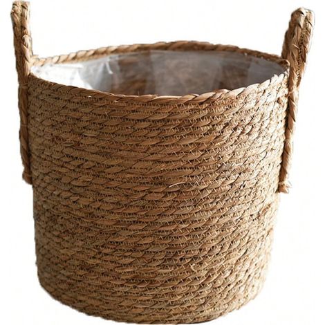 Cache-pot artisanal en jonc de mer tressé, panier rotin scandinave pour plantes vertes, décoration naturelle élégante. (1/5)