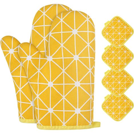 Guanti da forno, 1 paio di guanti da cucina in cotone con 4 presine, guanti da forno lavabili, guanti da cucina antiscivolo, guanti da cucina resistenti al calore per barbecue e cucina (giallo)
