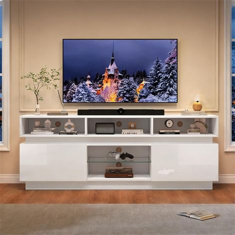 Meuble TV 160x35x60cm étagère verre trempé,éclairage LED haute brillance. Adapté aux TV 60 pouces,modèle blanc.