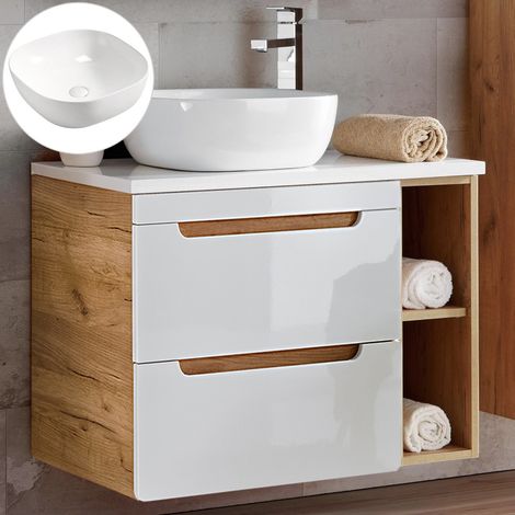 Waschtisch 80 cm mit 42 cm Keramik-Waschbecken LUTON-56 in Hochglanz weiß mit Wotan Eiche Nb., B/H/T ca. 81/76,5/46 cm (1/5)