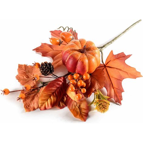 Rami decorativi con zucca, ghiande, foglie e bacche artificiali, set da 6 pezzi, cm 19 H (con gambo 31)