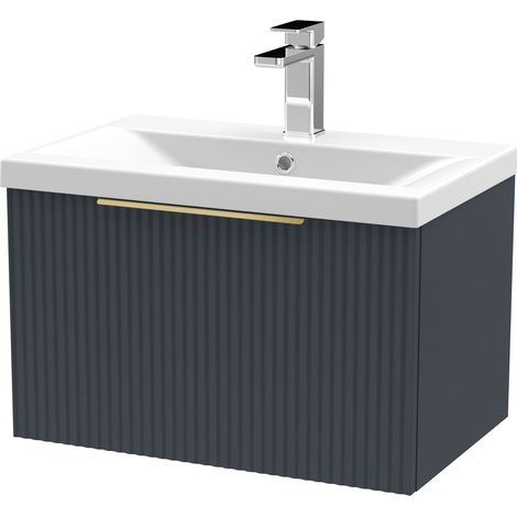 Fluted Front Wall Hung 1-Drawer Bathroom Vanity Unit with 1 Tap Hole Basin, 600mm, Satin Dark Grey, Brushed Brass Handles