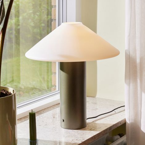 [NEUWERTIG] B-Ware Hübsch Tischleuchte Lampe Orbit Dunkelgrün Weiß Eisen Glas Schalter Dimmbar