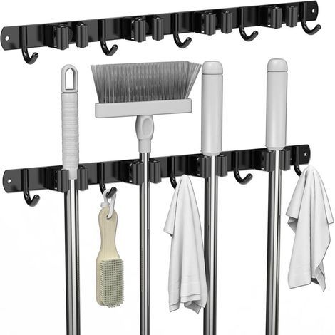 Accroche Balai Mural, 5 Supports + 4 Crochets Noir Porte Balais Mural, Support Balais Mural, Porte Balais Mural Sans Percage, Rangement Balai, Attache Balai Mural (1/5)