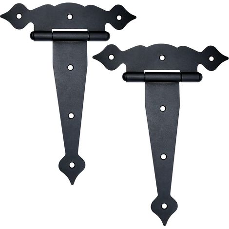 C57907 - Lot de 2 charnières style antique 190x205x2.5 mm plates en forme ''T'' - pour volets portes armoires meubles placard - en acier - noir - fer ornemental vintage rustique (1/5)