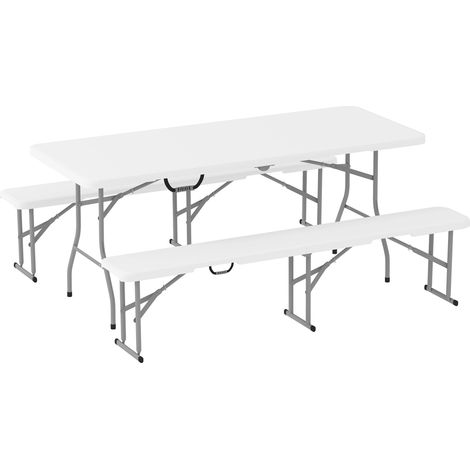 Set da Pic Nic Pieghevole a 3 Pezzi con Tavolo e 2 Panche in HDPE e Metallo Bianco e Grigio Chiaro (1/5)