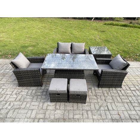 Fimous Outdoor Garden Dining Sets 6 Seater Rattan Patio Furniture Sofa Set with Rising Lifting Table Side Table 2 Small Footstools Dark Grey Mixed (1/5)
