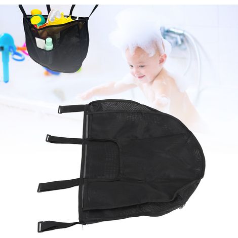 Sac de rangement pour jouets de bain en mesh noir, résistant à l'humidité, grande capacité (56 x 37cm), avec fermeture zip et 4 crochets adhésifs (1/5)