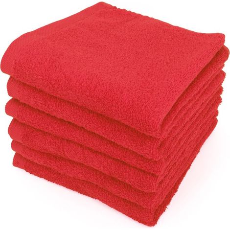 6 serviettes de toilette, 50x90 cm, 100 % coton, 400 g/m2, finition liteau, rouge, pour salle de bain et voyage