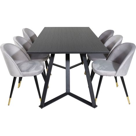 MarinaBLBL Essgruppe Esstisch schwarz und 6 Velvet Esszimmerstühle Velour hellgrau.