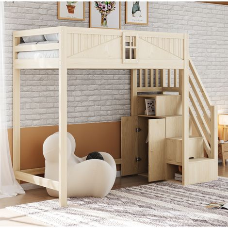 Cama alta de madera maciza color natural 90x200 cm con escalera reversible y almacenaje lateral (1/5)