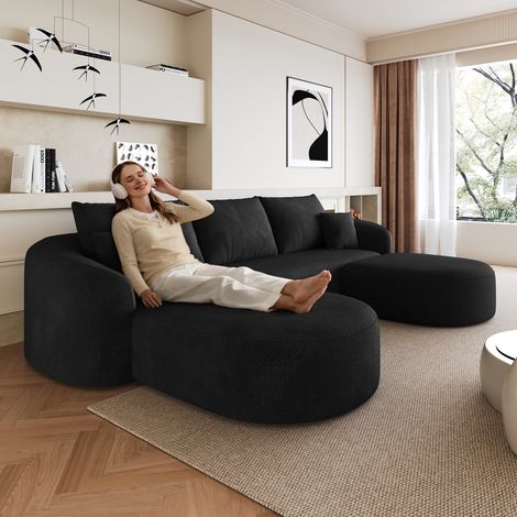 Canapé d'angle en U de 266 cm, canapé compressé en mousse, canapé modulable sans armature, canapé compressé pour salon, chambre, appartement, aucun montage requis, noir (1/4)