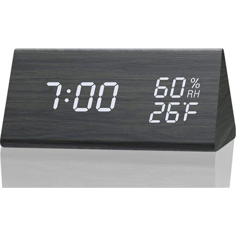 Réveil numérique avec affichage électronique de l'heure par LED en bois, 3 réglages d'alarme, détection de l'humidité et de la température, horloge électrique en bois pour chambres et tables de chevet (1/5)