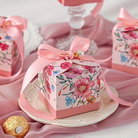 50/100 boîtes de bonbons de mariage luxueuses à thème floral peint à la main, avec rubans perles élégants - Cadeaux de mariage, anniversaire, fête - B (1/5)