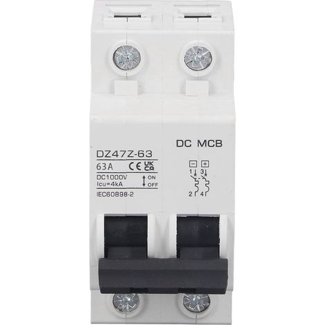 Disjoncteur DC 1000V 2P 63A DZ47Z-63 (marque SUNGO) pour systèmes photovoltaïques solaires, montage sur rail DIN, basse tension, protection miniature. (1/5)