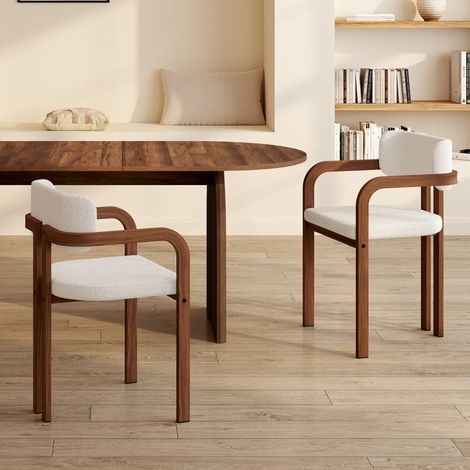 Lote de 2 sillas de comedor y sillones de mesa ESMA de metal efecto nogal y tela bouclette con reposabrazos