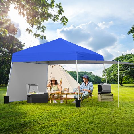 Tente Pop-up 430x280cm avec 2 Parois Latérales Convertibles en Auvent 8 Piquets 4 Cordes à Vent Abri Solaire Portable et Pliable Bleu (1/3)