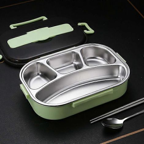 Boîte à lunch en acier inoxydable 304 avec compartiments, boîte à lunch Bento à 4 compartiments adaptée aux adultes, boîte à lunch isotherme en acier inoxydable avec cuillère et baguettes (D- (1/3)