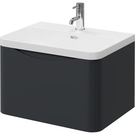 Vela Satin Anthracite 600mm Wall Mounted Single Drawer Vanity Unit with Fina Basin (1/5)