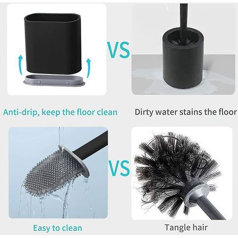 Brosse WC TPR Silicone et Support, Brosse de Toilettes Détachable à Manche Long, Montage Au Sol/Mur avec Base de Filtre à Eau, pour Les Coins et Les Petits Espaces Entre Les Toilettes et Mur (Noir) (1/4)
