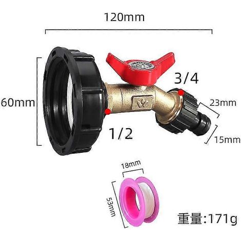 Robinet S60x6 pour réservoir d'eau IBC de 1000 L, connecteur de tuyau d'arrosage