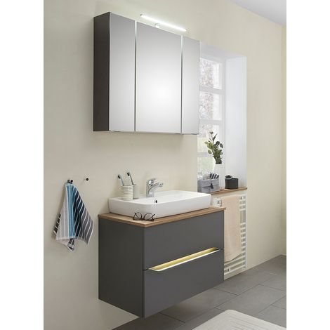 Badezimmer Waschplatz Set mit Griffbeleuchtung QENA-66 in Quarzgrau Matt Touch mit Riviera Eiche Nb., B/H/T ca. 80/190/45 cm (1/5)