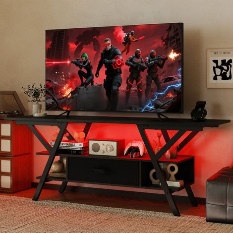 Meuble TV pour Téléviseurs 65" Meuble Multimédia à 3 Niveaux avec Lumières RGB LED et Station de Charge Console Multimédia 140x40x54cm Noir (1/3)