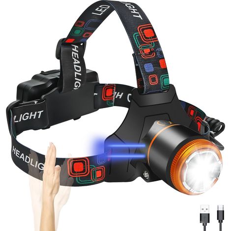 Rechargeable LED headlamp with motion sensor and 4 lighting modes, IP45 waterproof, 90° adjustable, for jogging, running, camping, fishing, hiking, etc.