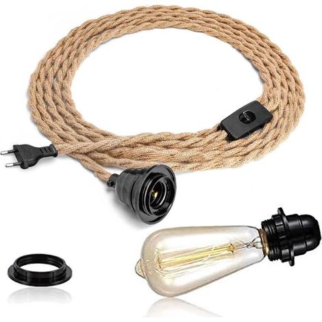 Lustre Corde de Chanvre 4,5m Câble Suspension Luminaire Compatible avec les abat-jour,Douille E27 avec Interrupteur,DIY Lampe Suspendue Industrielle pour Salon,Chambre,Bar (1/5)