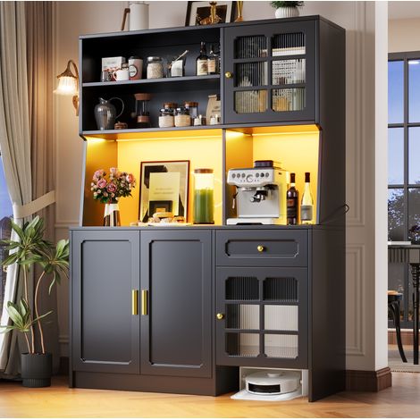 Armario de cocina 130x45x180 cm, con gran capacidad de almacenamiento, puertas de vidrio, MDF negro (1/5)