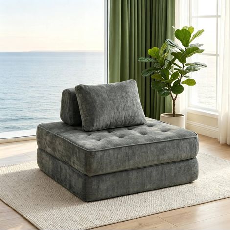 Canapé-lit pliable 2 en 1 1 place en chenille grise avec coussin et dossier trapézoïdal OKWISH (1/5)
