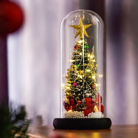 Sapin de Noël sous cloche LED avec ornements en cèdre - Décoration de fenêtre et cadeau romantique
