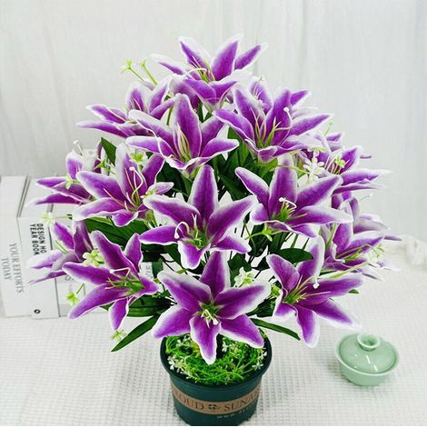 Décoration Florale Artificielle - Bouquet de Lys Violets Élégants pour Centre de Table, Fêtes et Jardin - Fleurs en Plastique Faciles à Nettoyer (Sans Vase Inclus) (1/4)