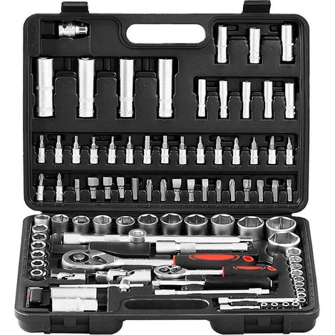 Helloshop26 – Coffret de 94 douilles et cliquets – 2 cliquets 1/4 et 1/2 pouce – 17 embouts pour vis – Mallette de rangement incluse (1/5)