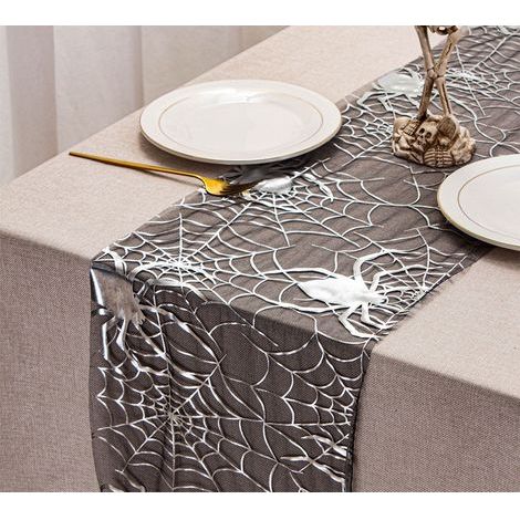 Décoration Halloween, Chemin de Table Halloween Toile D'araignée 28 x 275 cm, Noir Argent Decoration Table d'halloween pour Intérieur Extérieur (1/5)