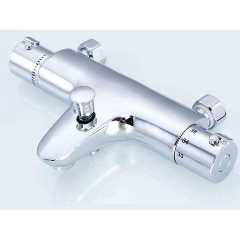 Robinet thermostatique de baignoire, robinet d'eau, robinet de douche avec thermostat, plaqué cuivre, installation de baignoire. (1/4)