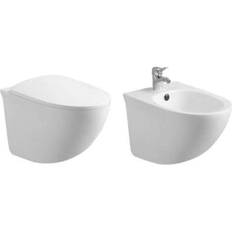 Paar hängende Sanitärkeramiken ohne Rand Rimless der Serie Flipper, inklusive Soft-Close-Toilettendeckel