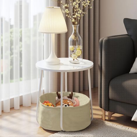 Table de Bout de Canapé Ronde avec Panier en Tissu, Rangement pour Salon, Chambre à Coucher, Table de Chevet, Style Moderne avec MDF Blanc, Cadre en Métal, 45 x 45 x 50.5cm (1/5)