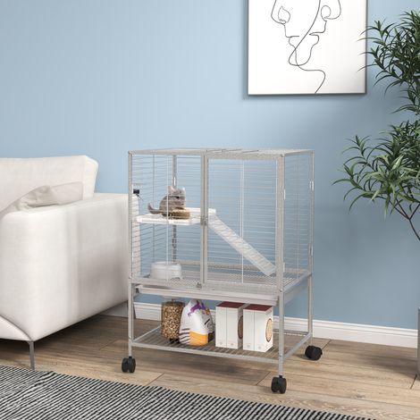 Cage pour petits animaux sur roulettes 2 niveaux avec 2 portes, 1 rampe, 1 étagère de rangement 61,5 x 44,5 x 86 cm gris (1/5)