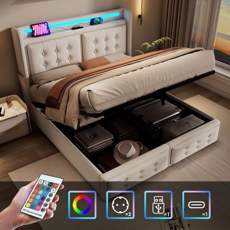 Lit coffre - SINGULARITY - 160x200 - Tête LED avec USB-C - Vérin hydraulique - Capacité 300 kg