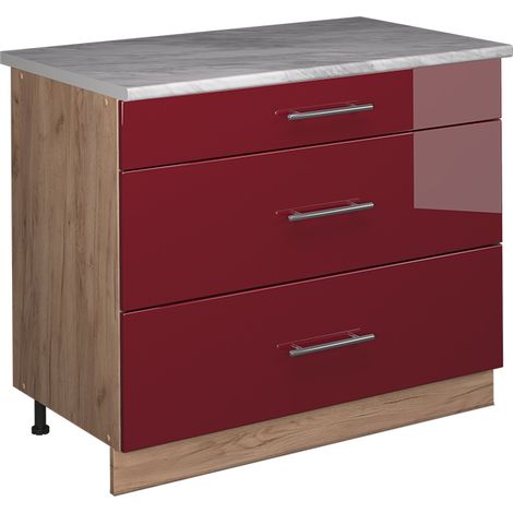 Mobiletto base per cucina Fame-Line, Bordeaux lucido/Rovere dorato, 100 cm, PL Marmo, Vicco (1/5)