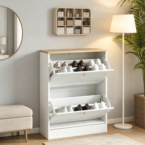 Schmaler Schuhschrank, moderner Schrank mit 2 Klappfächern und verstellbaren Regalböden (1/5)