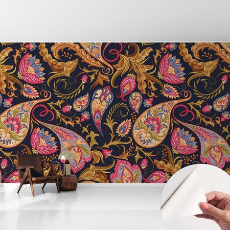 Papier peint adhésif autocollant pour salon chambre à coucher peint imprimé pour mur Paisley coloré 416x254 cm (1/5)