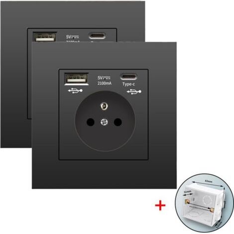 Lot de 2 prises murales avec USB et Type-C, 5 V 2,1 A, norme UE, prise USB encastrée, multiprise avec boîtier de montage, 110-250 V (noir)