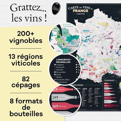 Carte des Vins de France à Gratter - 70 x 42 cm - Poster Carte à Gratter - Avec 200 Vignobles, 82 Cépages & 8 Bouteilles - Idée Cadeau Vins Noël Anniversaire - SMFRV (1/4)